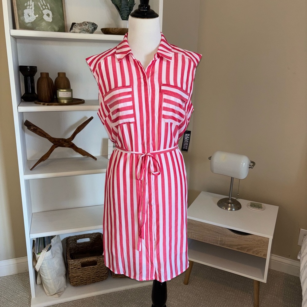 NWT New York & Co: Pink Striped Sleeveless Shirt Dress